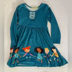 Millie Loves Lily Teal Twirl Dress with Friendship design on the Skirt